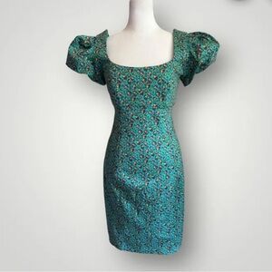 Vintage Betsey Johnson Mini Floral Green Dress with Puff sleeves